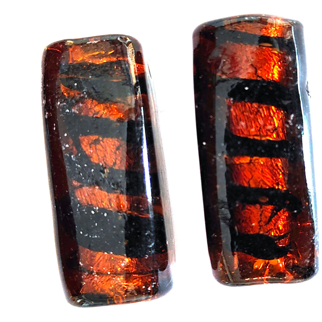 Indian Lampwork Foiled Square Tube: Amber with Black Stripe - approx 36mm x 16mm image 0